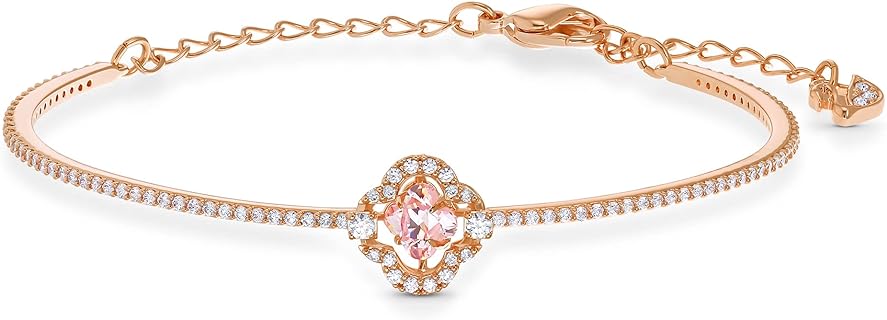 Rose Gold Clover Bangle Bracelet with Pink and Clear Swarovski Crystals, No Metal Type Clasp, Ideal for Women, Clover Design