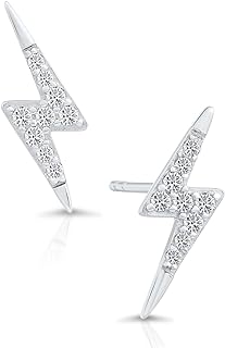 Sterling Silver Lightning Bolt Stud Earrings with Cubic Zirconia and Butterfly Push Back for Stylish Individuals - Small Geometric Design