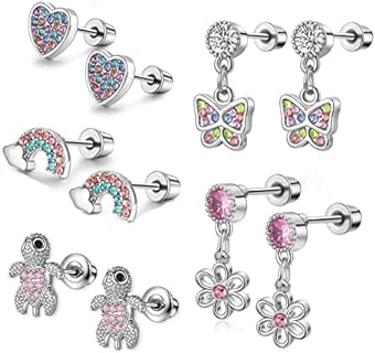 5-6Pairs CZ Hypoallergenic Screwback Earrings for Women Girls, Stainless Steel Cartilage Daith Earrings Butterfly Turtle Heart Rainbow Flower Dangle Helix Tragus Earrings