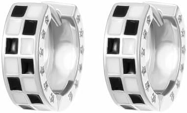 Gold-Plated Snap-Back Checkered Hoop Earrings for Women and Teen Girls, Lightweight Zinc C-Shaped Huggies with Black & White Enamel Pattern, Ideal for 70s & 80s Themed Parties or Casual Wear