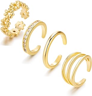 Toe Ring 4pcs 14K Gold Filled Toe Rings for Women Adjustable Gold Toe Ring Set Flower CZ Band Tail Ring Summer Beach Open Toe Rings Hawaiian Foot Jewelry