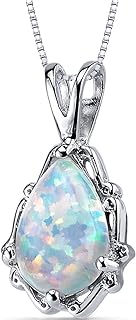 PEORA Created White Fire Opal Pendant Necklace 925 Sterling Silver, Solitaire Teardrop, 1.50 Carats Pear Shape 10x7mm with 18 inch Chain
