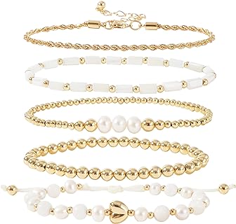 GOOJIDS Gold Tiny Pearl Beaded Bracelets For Women Champaign Gold Plated Pearls Stack Gold Layered Beads Bracelet for MAMA Birthday Mother's Day Gift