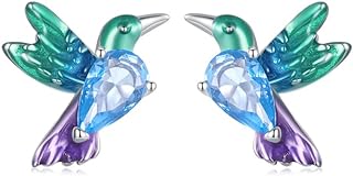 Cute Hummingbird Animal Stud Earrings for Women Girls 925 Sterling Silver Hypoallergenic Blue Crystal Green Enamel Tiny Bird Studs Cartilage Tragus Post Nickel Free Piercing Ear Dainty Birthday