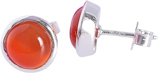 925 Sterling Silver Round Orange Carnelian Stud Earrings with Push Back for Women, Timeless Design