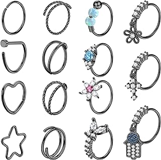ZELORES 15Pcs 20G Nose Rings Hoops for Women Evil Eye Flower Cross CZ Dangle Nose Rings Stainless Steel Double Hoop Nose Rings Set Nose Piercing Jewelry
