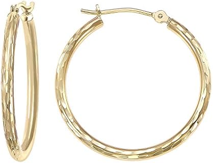 14k Yellow Gold Hand Engraved Full Diamond-cut Round Hoop Earrings