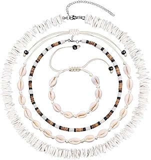 JEWPRAK Unisex Puka Shell Choker Necklace Set - Natural Shell Adjustable Beach Jewelry with Lobster Clasp - Ideal for Beach and Summer Enthusiasts