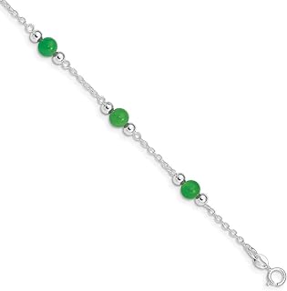 FB JEWELS Solid 925 Sterling Silver Rhodium-Plated 9Inch Polished Green Jade Anklet