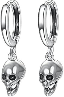 Stainless Steel Skull Hoop Earrings with Lever Back for Women and Men - Unisex Drop Dangle Goth Earrings for Punk and Gothic Style