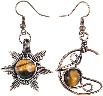 Asymmetrical Gothic Sun and Moon Drop Earrings for Women with Tiger's Eye Crystal, Wrapped in Bronze Copper Wire with French Wire Back