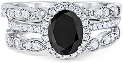 Blue Apple Co. Piece Halo Art Deco Wedding Band Engagement Ring Oval Simulated Round Cubic Zirconia 925 Sterling Silver