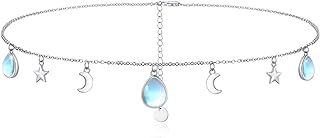 TUGHRA Moon & Star Choker Necklace in Sterling Silver with Moonstone - Adjustable 14" + 2" Chain for Women & Teen Girls