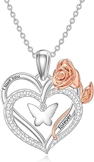 Rose Butterfly Lily Necklace Sterling Silver Heart Knot Pendant Flower Jewelry for Women Valentine's Day Birthday Gifts for Her