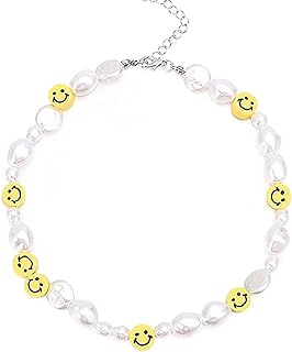 Seed Beads Necklace Colorful Bead Choker Necklaces Y2K Smiley Face Pearl Necklace Party Daily Handmade Summer Jewlery for Women and Girl