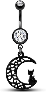 Jewseen 14g 316L Surgical Steel Belly Button Rings with Black Moon Cute Cat Dangle Navel Rings Piercing