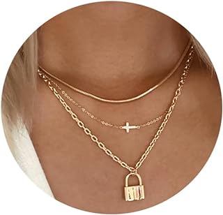 IFKM Women's Layered Choker Necklace - 14k Gold Plated with C-Link Chain and Cubic Zirconia Lock Pendant, Lobster Clasp Closure