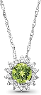 Sterling Silver Diamond and Peridot Halo Pendant Chain Necklace for Women (1/10 cttw, I-J Color, I2-I3 Clarity) 18"