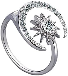 CZ Sun Moon Open Statement Ring Crystal Cubic Zirconia Crescent Moon Adjustable Finger Bands Promise Engagement Wedding Band Eternity Rings Minimalist Christmas Jewelry Gifts for Women Girls