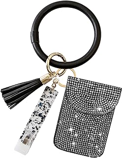 Wristlet Bracelet Keychain Pocket Credit Card Holder Purse Bling crystal Women Tassel Keychain Bangle Key Ring Card Grabber