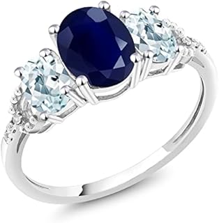 Gem Stone King 10K White Gold Oval Blue Sapphire Sky Blue Aquamarine and Diamond Accent 3-Stone Engagement Ring For Women (2.70 Cttw)