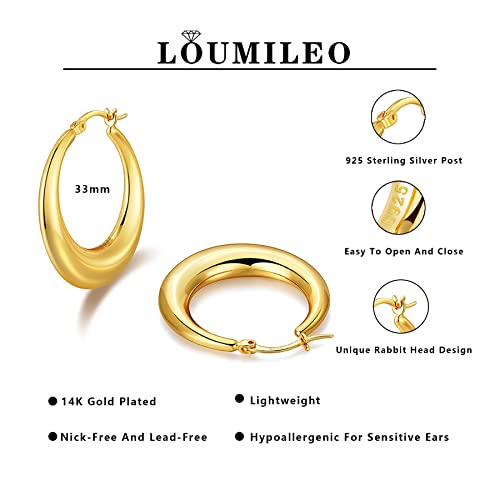 LOUMILEO Chunky Gold Hoop Earrings for Women, Sterling Silver 14K Gold Plated Chunky Gold Hoops Earrings Hypoallergenic Lightweight Thick Gold Hoop Earrings for Women Girls