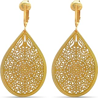 Potara Earrings - Vintage Aloha Clip-On with Comfort Clips - No Piercing Stainless Steel Alloy Dangle Design for Women - Victorian Filigree Style Jewelry