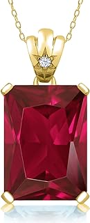 Gem Stone King 18K Yellow Gold Plated Silver Red Created Ruby Pendant Necklace For Women (20.05 Cttw, Emerald Cut 18X13MM, with 18 Inch Silver Chain)
