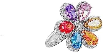 Rainbow Diamond Flower Statement Ring for Women Girls Colorful CZ Crystal Sunflower Floral Eternity Ring Promise Engagement Rings Wedding Band Adjustable Finger Band