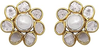 1.60 CTW Natural Diamond Polki Pearl Flower Studs 925 Sterling Silver 14K Gold Plated Classic Slice Diamond Earrings