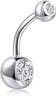Non-Dangle Cubic-Zirconia Sterling Silver Belly Button Rings for Women and Men, Hypoallergenic Curved Barbell Navel Rings