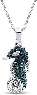 1/10 Carat Round Cut White & Blue Natural Diamond Seahorse Pendant Necklace Jewelry For Women In 14k Gold Over Sterling Silver Along With 18" Silver Chain