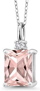 Women's Sterling Silver Necklace with Peach Nano Morganite and White Created Sapphire Pendant, Emerald Cut, 3.24 Cttw, Cable Chain with Spring Ring Clasp, 18-inch length