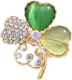 Rhinestone Clover Leaf Brooch Pin, Green Four Leaf Clover Pin Shamrock Lapel Pin, Gold Plated Vintage Crystal Flower Brooches