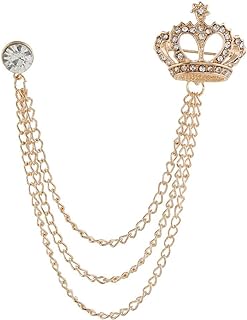Rhinestone Crown Long Chain Brooch.Gold Silver Tassel Brooch Pin,Retro Crystal Suit Pins Collar Coat Pin for Men's Accessories Pin Husband Gifts