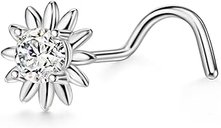 FANSING CZ Corkscrew Nose Rings Studs 20g Nose Screw Surgical Steel Sunflower Nose Studs for Women 20 Gauge Nostril Piercing Jewelry Silver