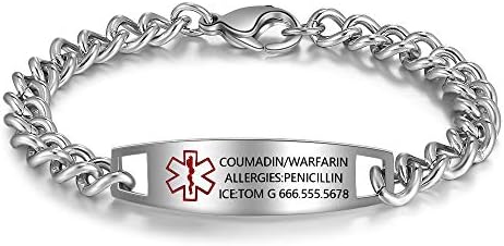 Nameinhea Custom Medical Alert Bracelets for Women Men Free Engraved Adjustable Stainless Steel Waterproof Emergency Medical ID Bracelets Allergy Wristband