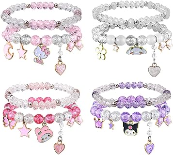 Hello Kitty Crystal Beaded Bracelet with Bead Chain and Buckle Clasp - Kawaii Cute Anime-Inspired Fashion Accessory for Girls & Women