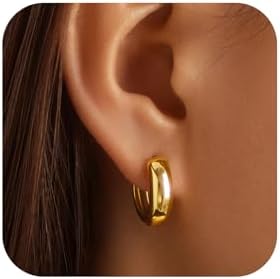 14K Gold Earrings for Women| Chunky Thick Statement Earrings| Cute Small Hoops for Teen Girls| Dainty Huggie Hoop Earrings| Lightweight Hypoallergenic Gold Jewelry for Gifts