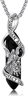 Obsidian Guardian Angel Pendant Necklace, Sterling Silver Link Chain, Meaningful Protection Jewelry Gift for Men and Women, Healing Crystal Point Design
