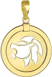 14K Yellow Gold Reversible Round Lion Leo Zodiac Sign Pendant