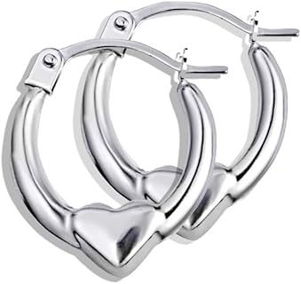 High Polish 14K White Gold Lightweight Reversible Heart Love Hoop Earrings for Women Girls, 14mm Diameter