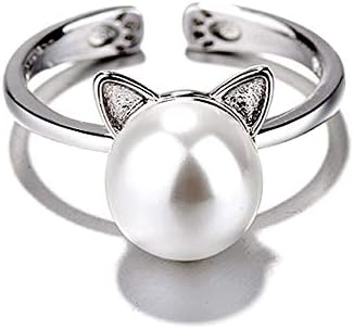 Cute Cat Simulated Pearl Rings for Girls Women Adjustable Open Ring Expandable Size Dainty Animal Wrap Band Finger Knuckle Statement Promise Fashion Eternity Gifts Jewelry