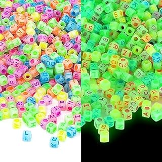 Augshy 1400pcs Glow in The Dark Square Acrylic Alphabet Beads Bracelet A-Z Cube Letters Beads for Bracelets Necklaces Phone Lanyard Making with 1 Roll Crystal String Cord for Jewelry Making(6 mm)
