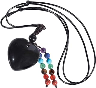 TUMBEELLUWA Handcarved Crystal Heart Pendant Necklace with 7 Chakra Beads Tassel Quartz Pendant with Cord Healing Stone Amulet for Unisex