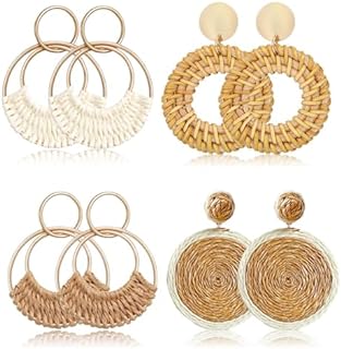 4 PAIRS Raffia Hoop Earrings for Women Girls Fun Boho Summer Beach Earrings Lightweight Handmade Straw Wicker Rattan Dangle Earrings Statement Geometric Round Drop Earrings (4 pairs)