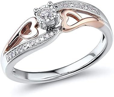 10k Rose Gold & Sterling Silver Clasp Chocolate Diamond Engagement Ring with White Gem for Her - Feminine Heart Design