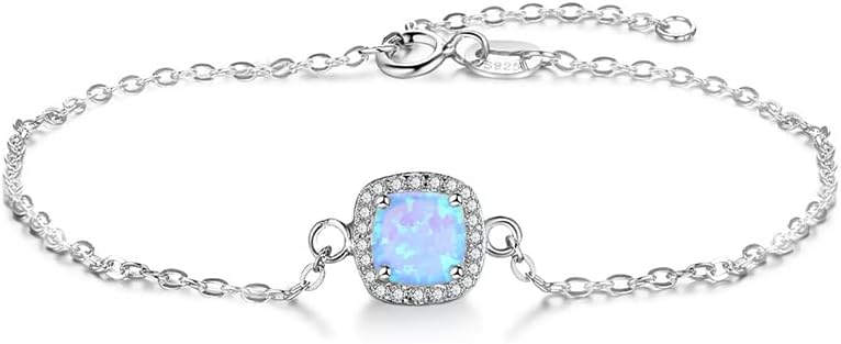 Solid 14K White Gold Over 925 Silver Opal Bracelet for Women,Dainty Opal and Moissanite Halo Chain Bracelet,Fashion Jewelry Gift for Her