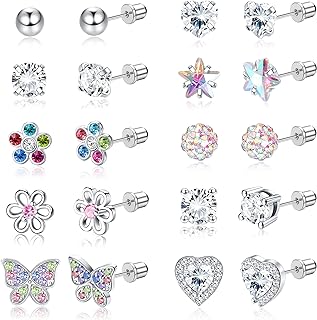 SAILIMUE 10 Pairs Hypoallergenic Screwback Earrings for Women 316L Stainless Steel Heart CZ Screw Back Earring Studs Multicolored Butterfly Flower Stud Earrings Set