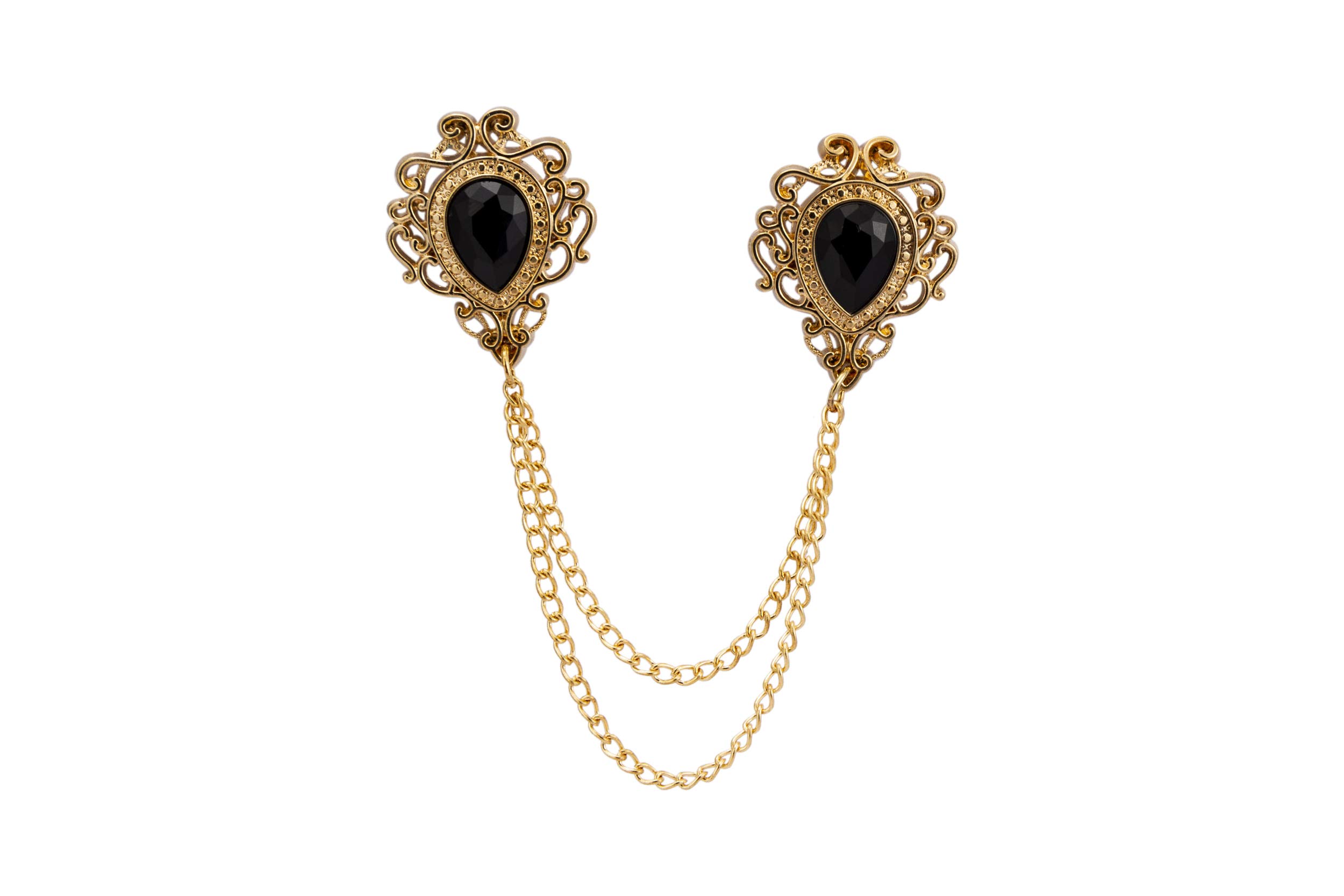 Pin-Clasp Black Stone Brooch with Gold Engraving Chain Design - Durable Alloy Accessory for Men - Enigmatic and Distinguished Design